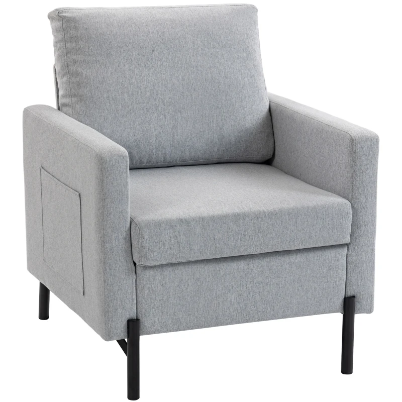 HOMCOM Accent Chair Modern Upholstered Armchair with Side Pockets and Cushion for Bedroom, Living Room, Light Grey