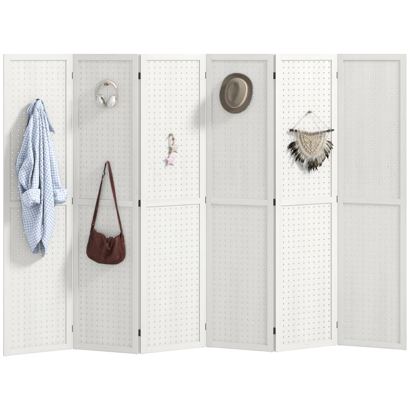 HOMCOM 5.6 Ft. Tall 6-Panel Room Divider, Pegboard Panel Folding Privacy Screen, Partition Wall Divider for Bedroom, White