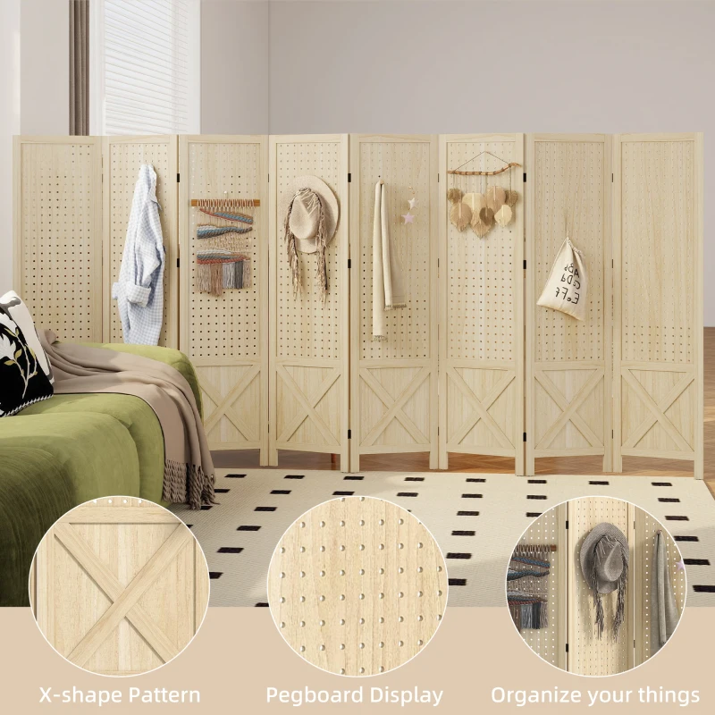 HOMCOM Wooden Room Divider with Pegboard Display, 8 Panel Folding Privacy Screen for Home Office, Natural Wood