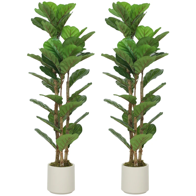 HOMCOM 4FT Artificial Fiddle Leaf Fig Tree Set of 2, Fake Potted Tree with Solid Wood Trunks for Indoor Decor, Green