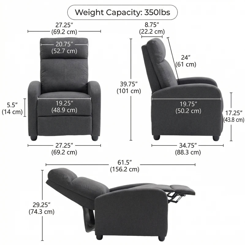 HOMCOM Fabric Recliner Sofa Manual Recliner, Home Theater Seating Single Reclining Sofa Chair with Padded Seat for Living Room, Dark Grey