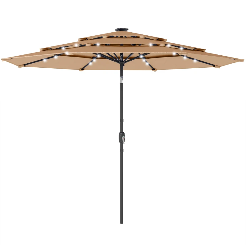 Outsunny 9.3 ft Patio Umbrella with Solar LED Lights, Cover, 3 Tier Outdoor Market Table Parasol with Tilt, Crank, Khaki