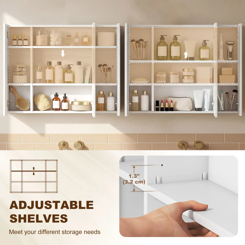 kleankin Medicine Cabinet with Mirror, Wall Mounted Bathroom Mirror Cabinet with Adjustable Shelf, USB Charge, High Gloss White