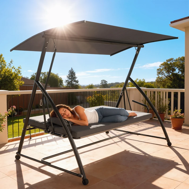 Outsunny Patio Swing Chair, 3 Person Convertible Hammock, Outdoor Swing Lounge Bed, Cushioned with Tilt Canopy, Dark Grey