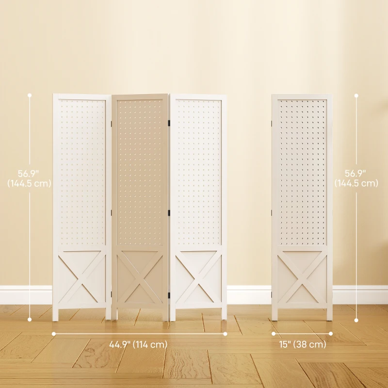 HOMCOM 56.9" 3 Panel Wooden Room Divider with Pegboard Display, Folding Privacy Screen for Home Office, White