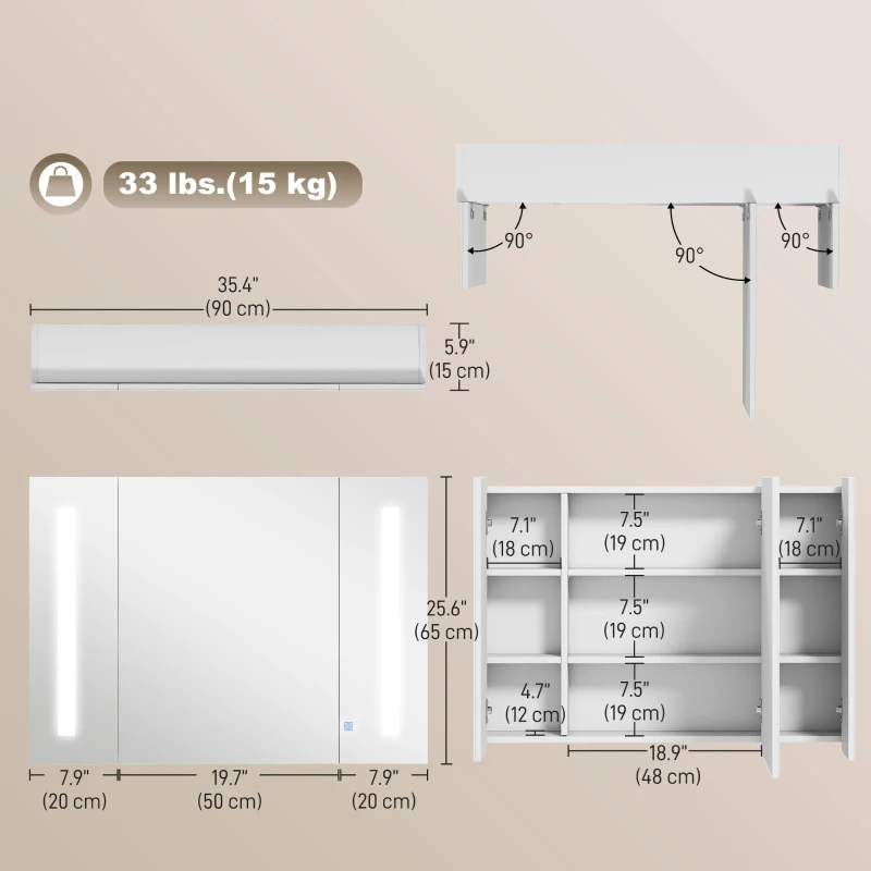 kleankin Medicine Cabinet with Mirror, Wall Mounted Bathroom Mirror Cabinet with Adjustable Shelf, USB Charge, High Gloss White