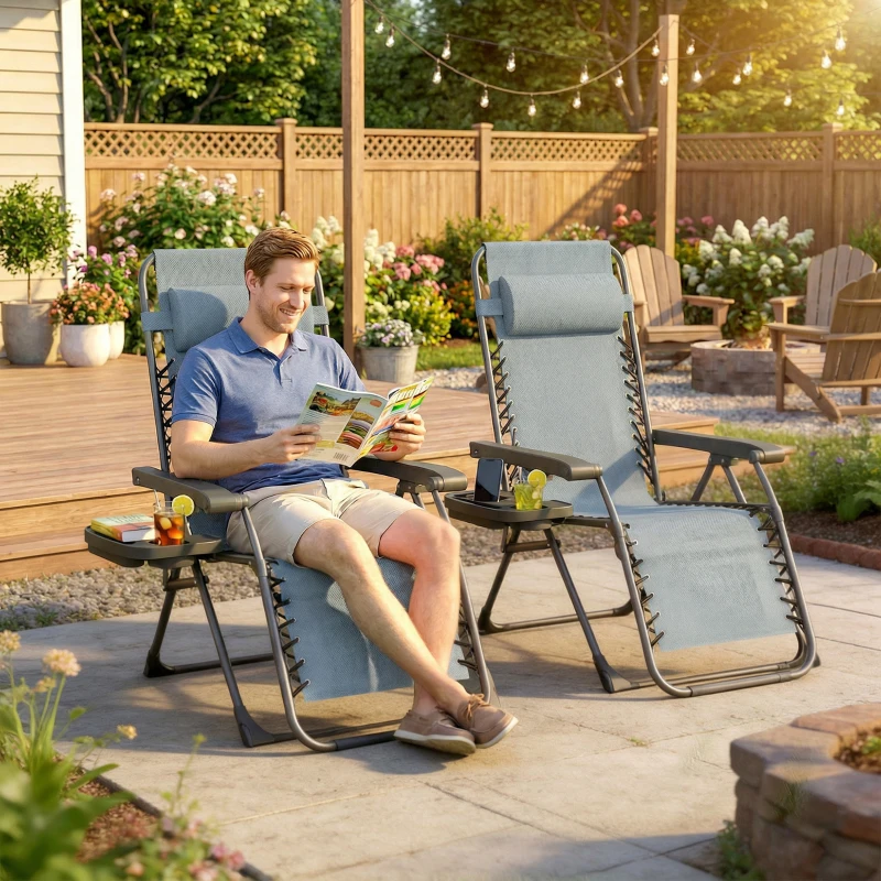 Outsunny Zero Gravity Chair Set of 2, Folding Reclining Outdoor Lounge Chair with Cup Holder, Headrest, Light Grey