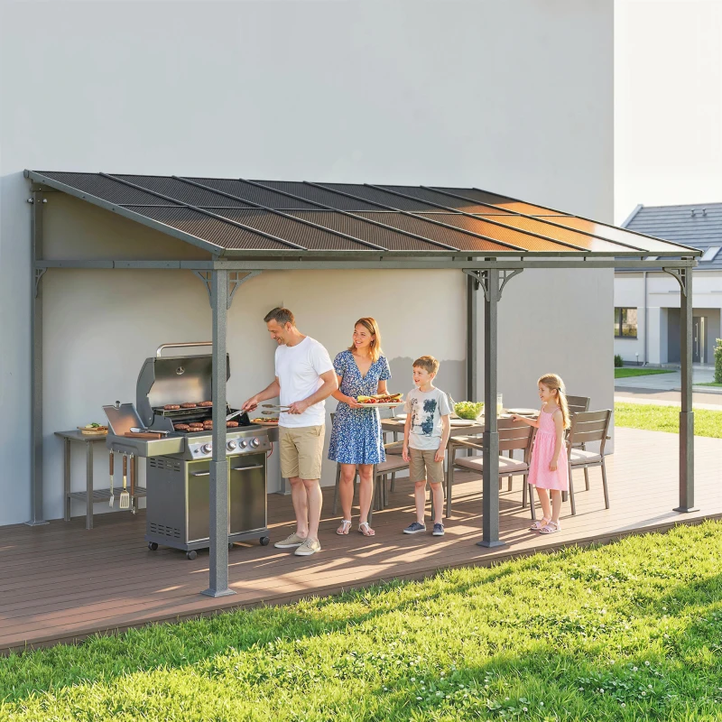 Outsunny 13' x 10' Lean to Gazebo, Hardtop Wall Mounted Outdoor Pergola with Polycarbonate Roof and Metal-Aluminium Frame