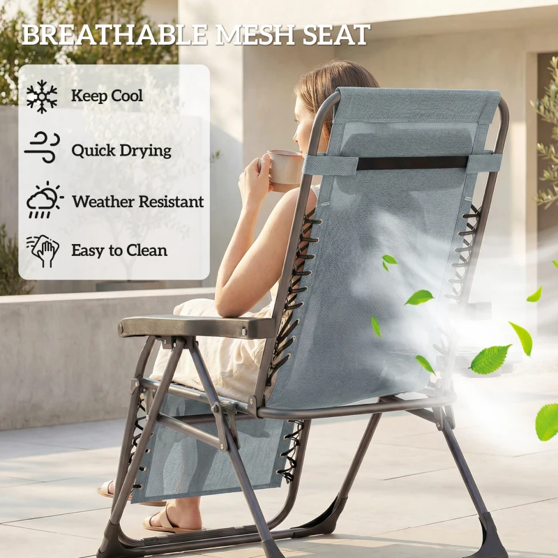 Outsunny Zero Gravity Chair Set of 2, Folding Reclining Outdoor Lounge Chair with Cup Holder, Headrest, Light Grey
