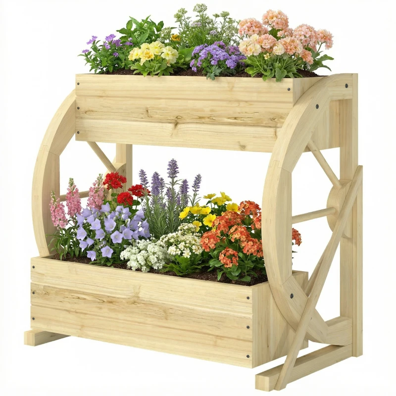 Outsunny Wooden Wagon Planter Box, 2-Tier Raised Garden Bed, for Vegetables Flowers Herbs, Natural