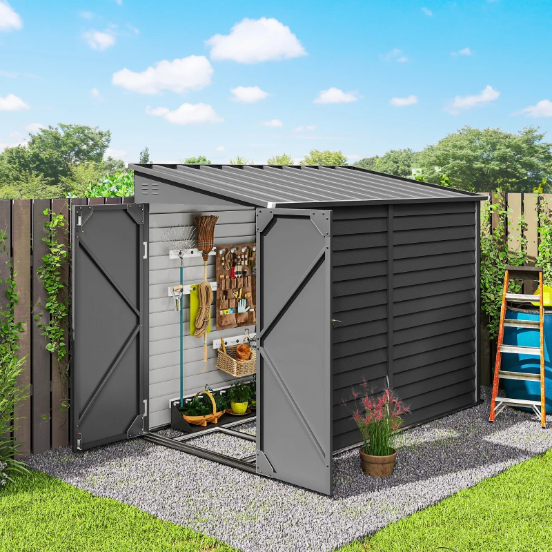 Outsunny 4.6' x 9' Steel Outdoor Storage Shed, Lean to Shed, Metal Tool House with Foundation Kit, Lockable Doors, Gloves and 2 Air Vents for Backyard, Patio, Lawn, Dark Grey
