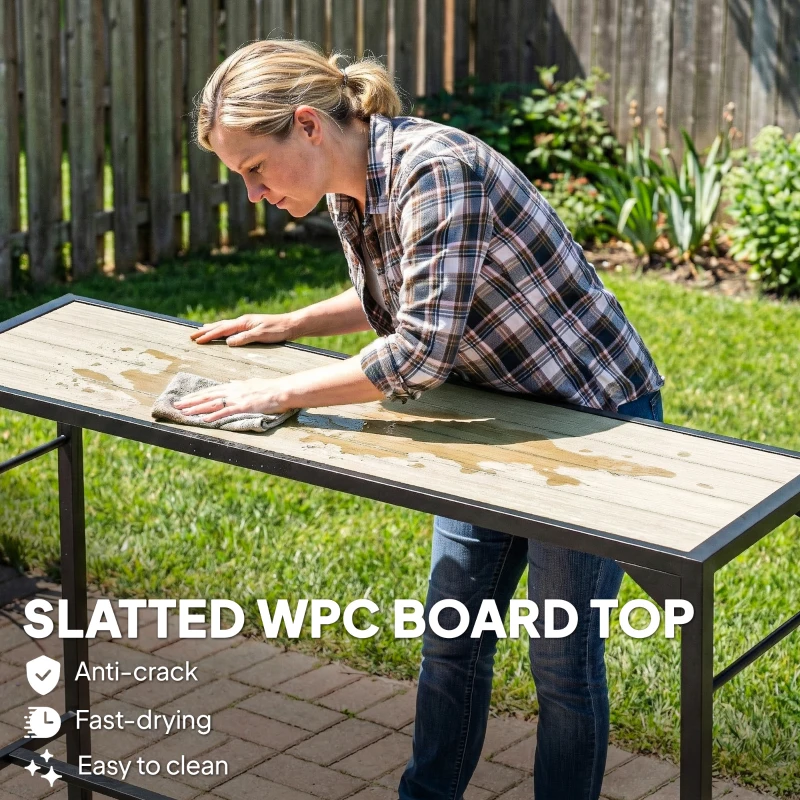 Outsunny Bar Height Outdoor Table with Built-In Bottle Opener, Patio Bar Table with Wood Grain Plastic Top, 55" x 15" x 39"