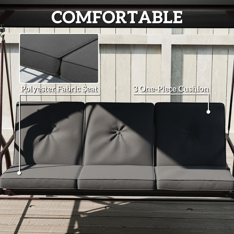 Outsunny Convertible Patio Swing Bed with Canopy and Cushions, 3 Seater Porch Swing for Outdoor, Backyard, Garden, Dark Grey
