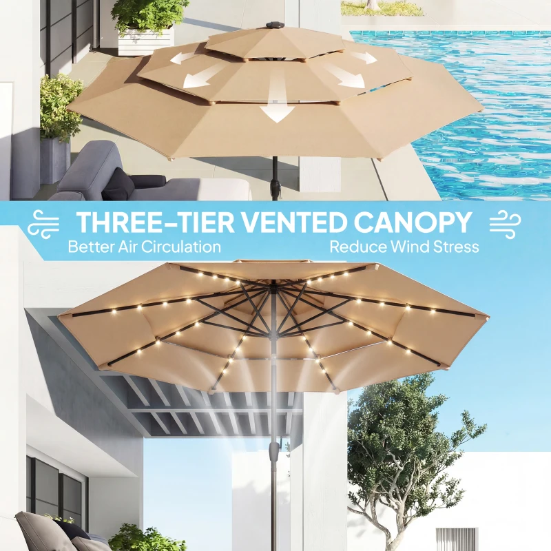 Outsunny 9.3 ft Patio Umbrella with Solar LED Lights, Cover, 3 Tier Outdoor Market Table Parasol with Tilt, Crank, Khaki