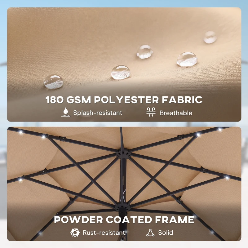 Outsunny 9.3 ft Patio Umbrella with Solar LED Lights, Cover, 3 Tier Outdoor Market Table Parasol with Tilt, Crank, Khaki