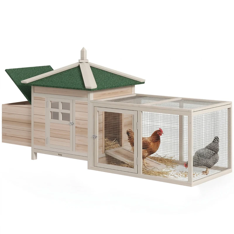 PawHut 77" Wooden Chicken Coop with Nesting Box, Cute Outdoor Hen House with Removable Tray, Ramp Run, for Garden Backyard, Natural