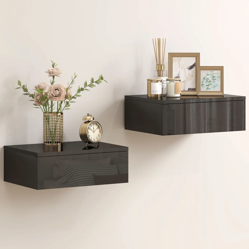HOMCOM Set of 2 Wall Mounted Bedside Tables, Floating Nightstands with Drawer for Bedroom, Black