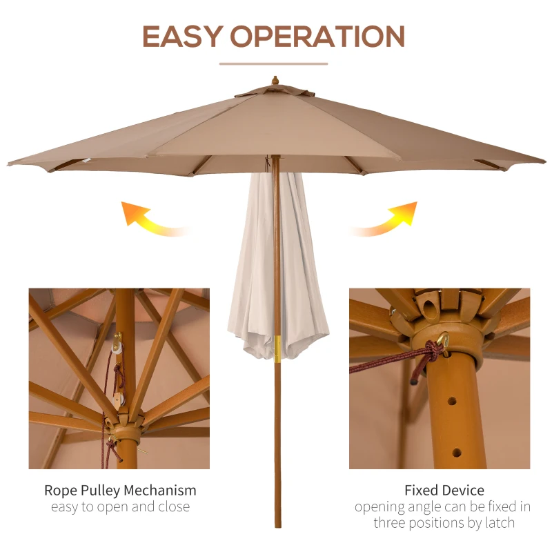 Outsunny 10' x 8' Wooden Patio Umbrella, Garden Parasol, Outdoor Sunshade Canopy with Bamboo Rib for Outdoor, Khaki