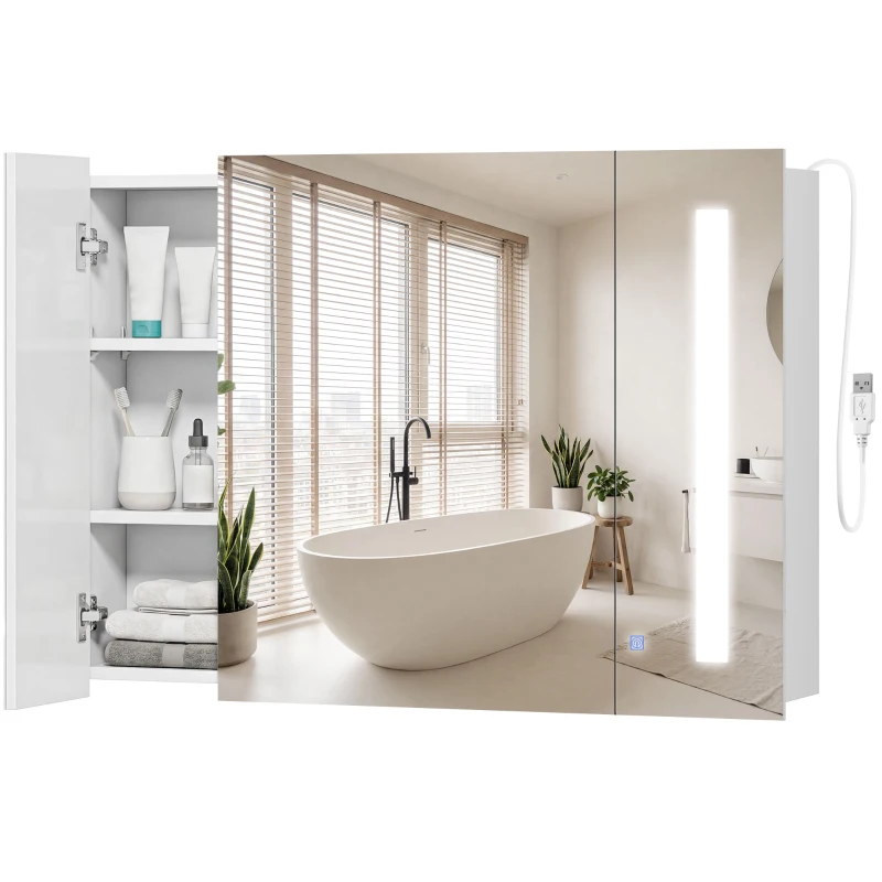 kleankin Medicine Cabinet with Mirror, Wall Mounted Bathroom Mirror Cabinet with Adjustable Shelf, USB Charge, High Gloss White