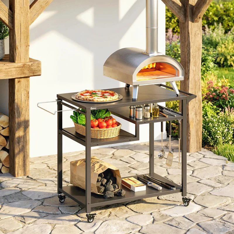 Outsunny Outdoor Grill Cart, BBQ Stand, Three-Shelf Pizza Oven Stand with Hooks, Garbage Bag Holder, Wheels, Black