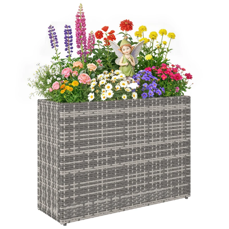 Outsunny Tall Rectangular Planter with Removable Liner, Holes, PE Wicker Large Planter Box for Indoor Outdoor Plants, Gray