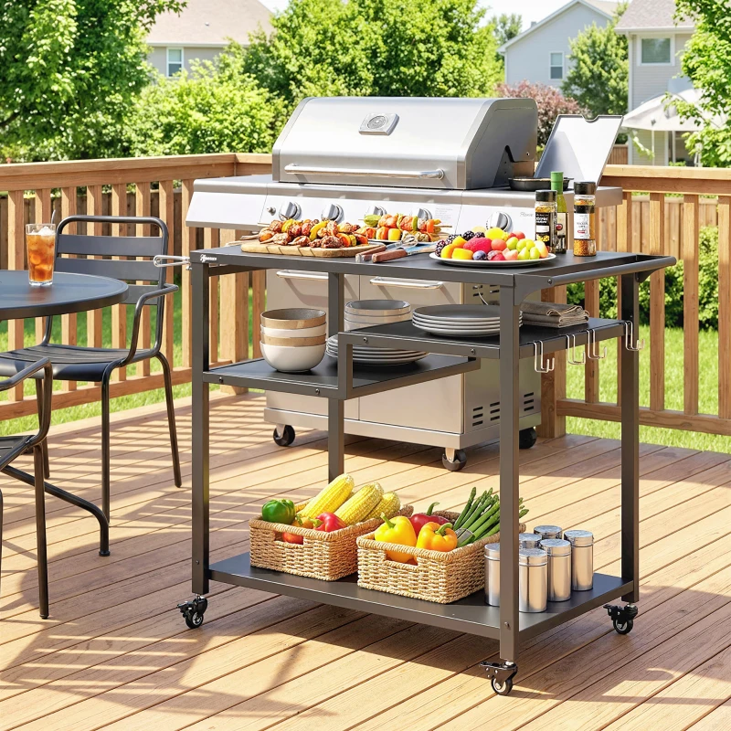 Outsunny Outdoor Grill Cart, BBQ Stand, Three-Shelf Pizza Oven Stand with Hooks, Garbage Bag Holder, Wheels, Black