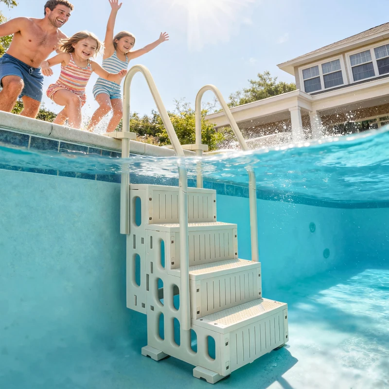 Outsunny Swimming Pool Ladder Adjustable for Above Ground Pools w/ Non-Slip Steps & Dual Handrails 4-Step Cream White