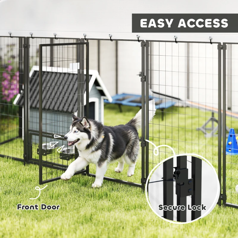 PawHut 9.8' x 9.8' x 6' Outdoor Dog Kennel, Dog Kennel Outside Run with 360° Rotating Bowls, Waterproof & UV Resistant Cover