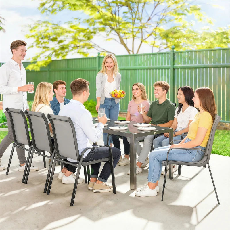 Outsunny 9 Pieces Patio Set with Stackable Chairs, Patio Dining Set with Glass Top for Garden, Patio, Backyard, Light Grey