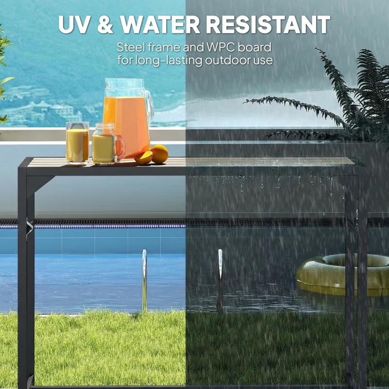 Outsunny Bar Height Outdoor Table with Built-In Bottle Opener, Patio Bar Table with Wood Grain Plastic Top, 55" x 15" x 39"