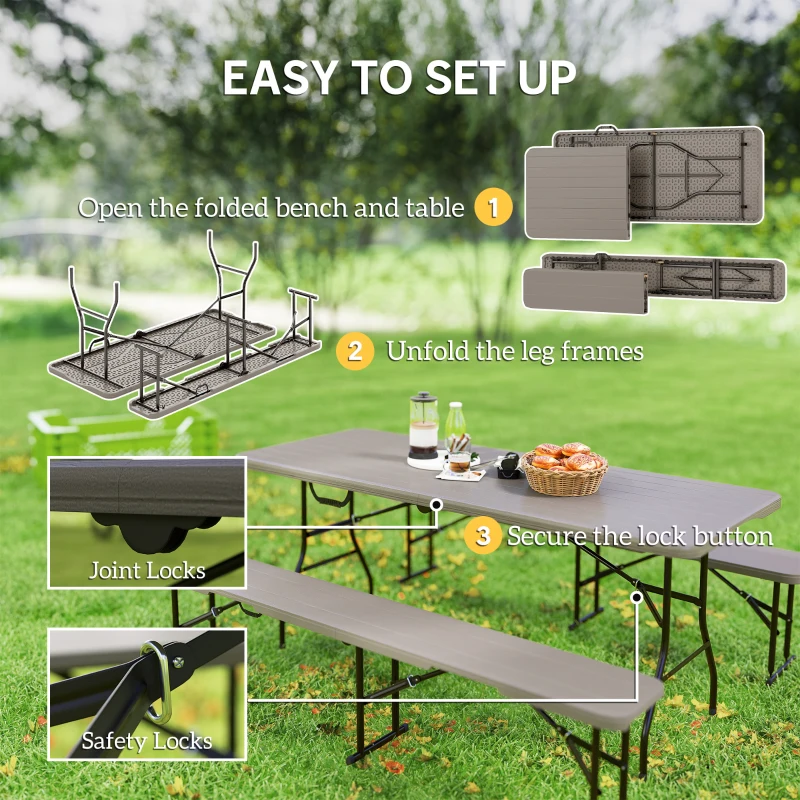Outsunny 6FT 3PCS Faux Rattan Outdoor Camping Table Bench Set with Carrying Handles, Folding Picnic Table with 2 Benches, Brown