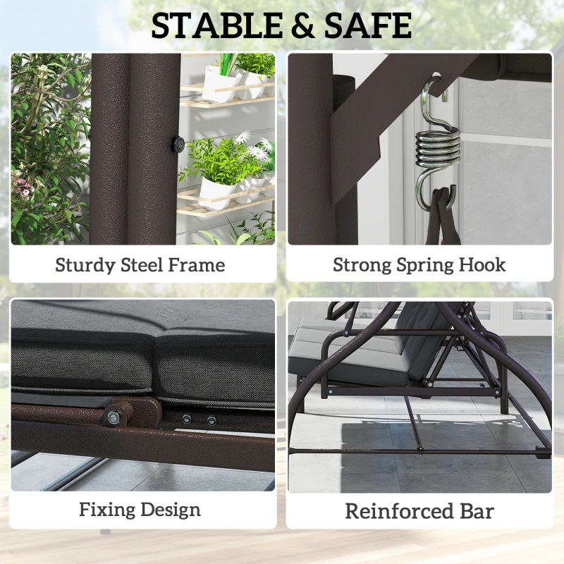 Outsunny Convertible Patio Swing Bed with Canopy and Cushions, 3 Seater Porch Swing for Outdoor, Backyard, Garden, Dark Grey