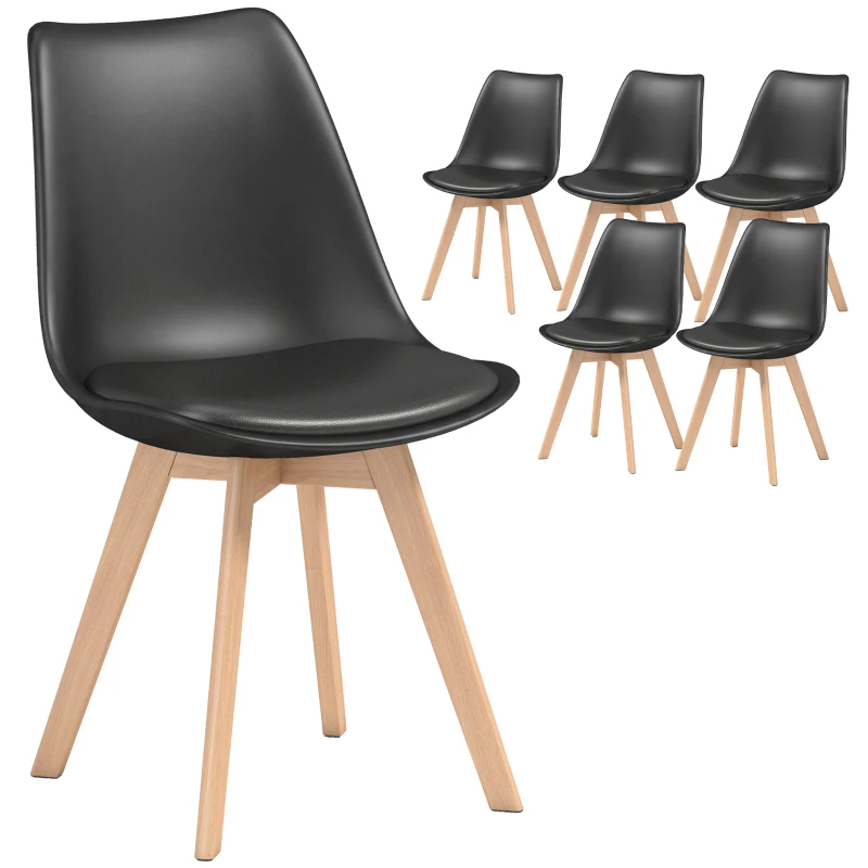 HOMCOM Modern Dining Table Chairs Set of 6, Rubber Wood Kitchen Table Chairs with PU Leather Cushion for Living Room, Bedroom