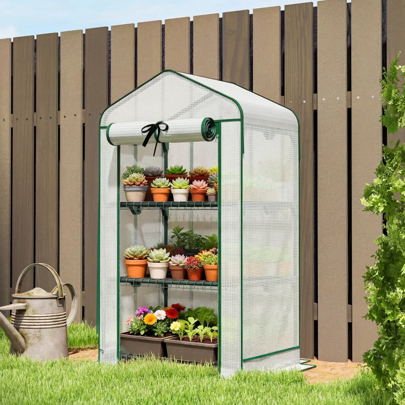 Outsunny Mini Greenhouse with Screen Roof, Portable Small Greenhouse with Roll-Up Zipper Door, 27.6" x 19.7" x 50", White
