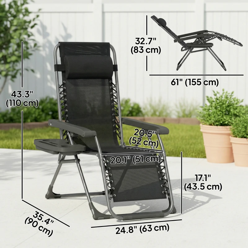 Outsunny Zero Gravity Chair Set of 2, Folding Reclining Outdoor Lounge Chair with Cup Holder, Headrest, Black