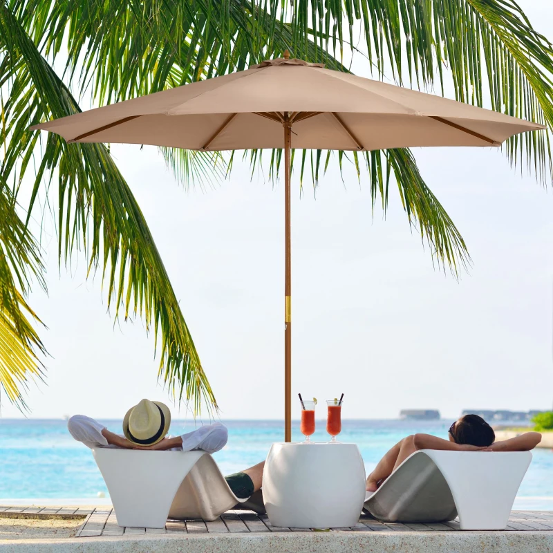 Outsunny 10' x 8' Wooden Patio Umbrella, Garden Parasol, Outdoor Sunshade Canopy with Bamboo Rib for Outdoor, Khaki