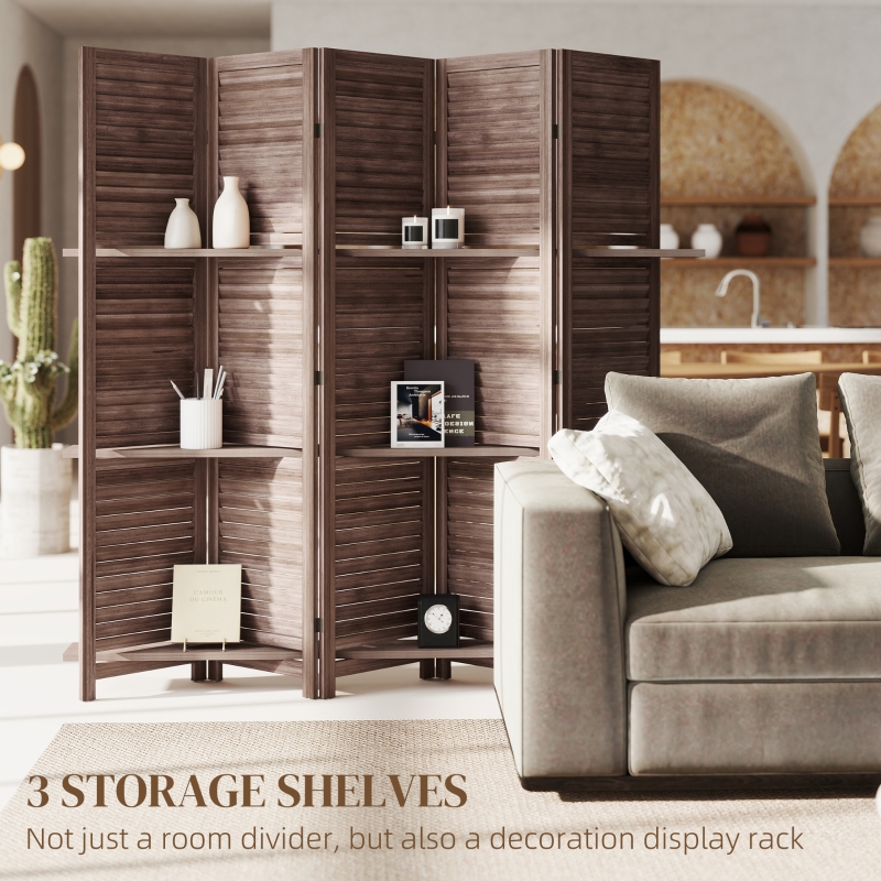 HOMCOM 5 Panel 67" Tall Wood Privacy Screen Room Divider with 3 Shelves and Folding Storage for Bedroom, Walnut