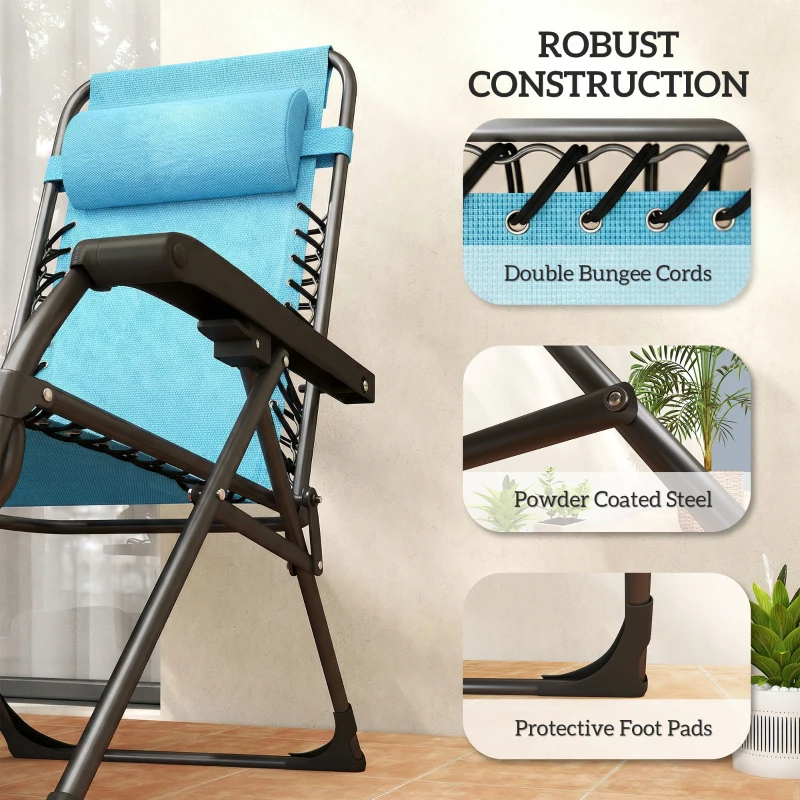 Outsunny Zero Gravity Chair Set of 2, Folding Reclining Outdoor Lounge Chair with Cup Holder, Headrest, Sky Blue