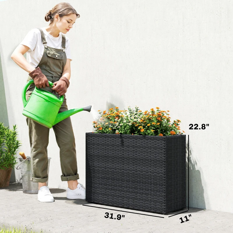 Outsunny Tall Rectangular Planter with Removable Liner, Holes, PE Wicker Large Planter Box for Indoor Outdoor Plants, Black