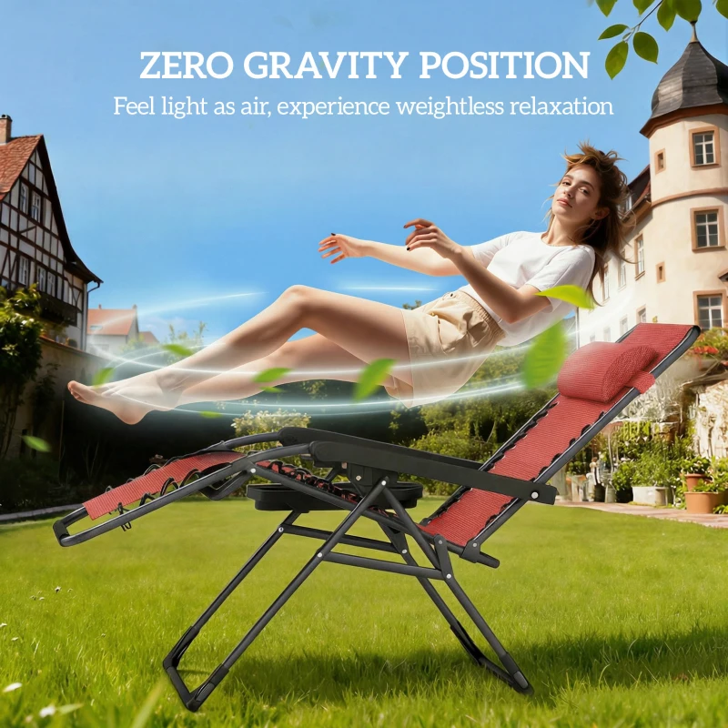 Outsunny Zero Gravity Chair Set of 2, Folding Reclining Outdoor Lounge Chair with Cup Holder, Headrest, Wine Red