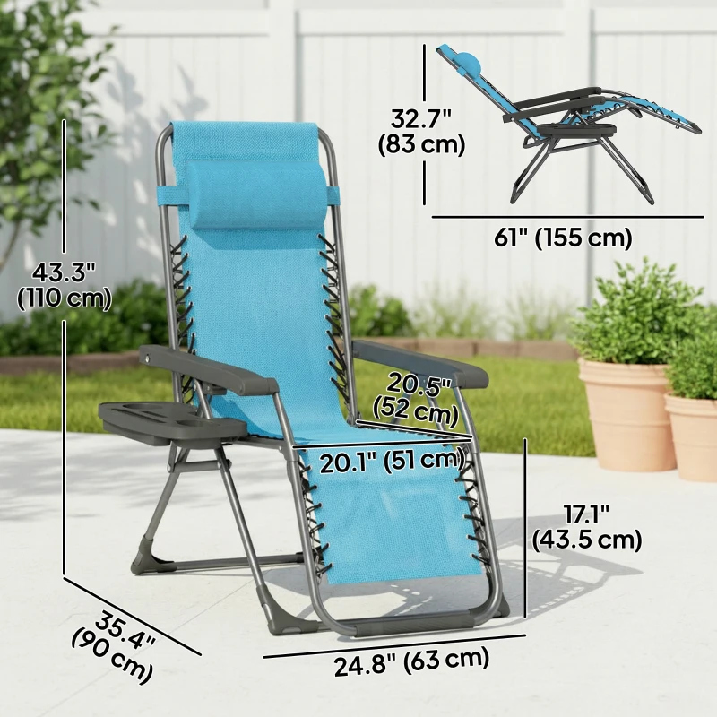 Outsunny Zero Gravity Chair Set of 2, Folding Reclining Outdoor Lounge Chair with Cup Holder, Headrest, Sky Blue
