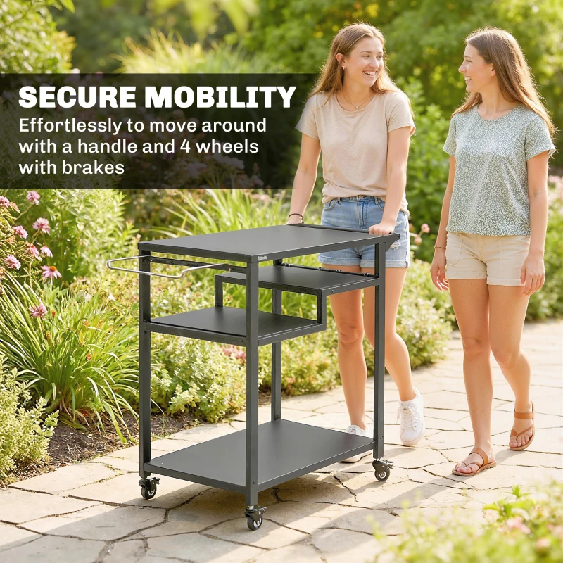 Outsunny Outdoor Grill Cart, BBQ Stand, Three-Shelf Pizza Oven Stand with Hooks, Garbage Bag Holder, Wheels, Black