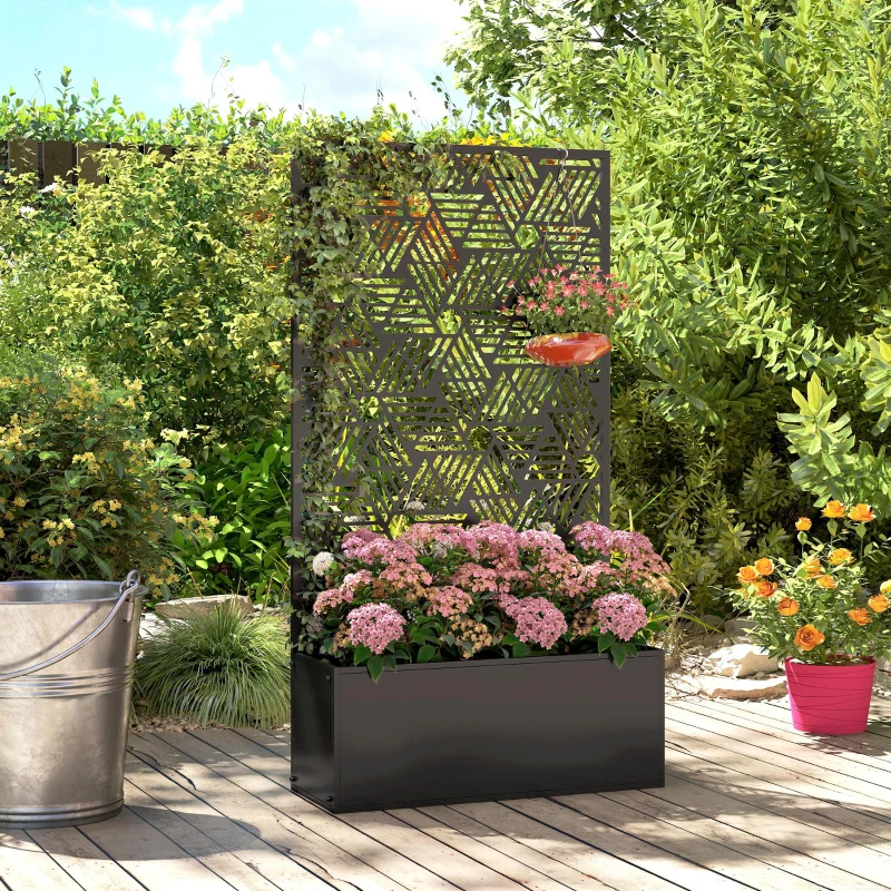 Outsunny Metal Planter Box with Trellis, 44.5" Tall Raised Garden Bed with Privacy Screen, Hexagon and Line Cut-Out