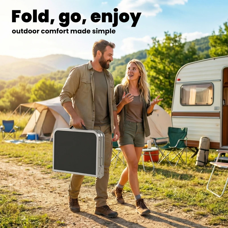 Outsunny 2ft Folding Camping Table, Picnic Table with Mesh Storage Layer, 4 Adjustable Heights and Carrying Handle, Black