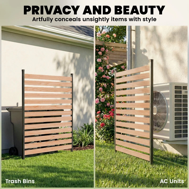 Outsunny Privacy Screen Panel, 38" x 76" No Dig Space Divider with Fir Wood Planks and Aluminum Posts, Great to Hide Trash Cans