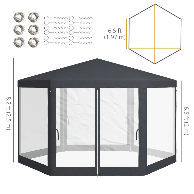 Outsunny Φ13' Hexagon Party Tent Patio Gazebo Outdoor Activity Event Canopy Quick Sun Shelter Pavilion with Netting Mesh Sidewall, Dark Grey