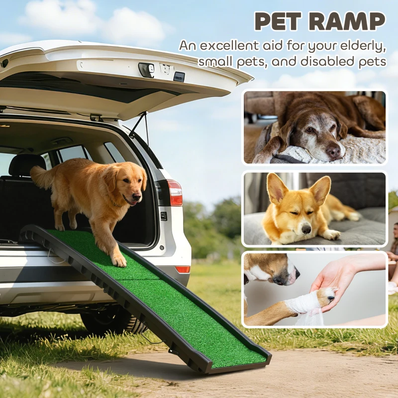 PawHut 61 Inches Folding Pet Ramp with Grass Surface, Raised Side Rails, for Cars, SUVs