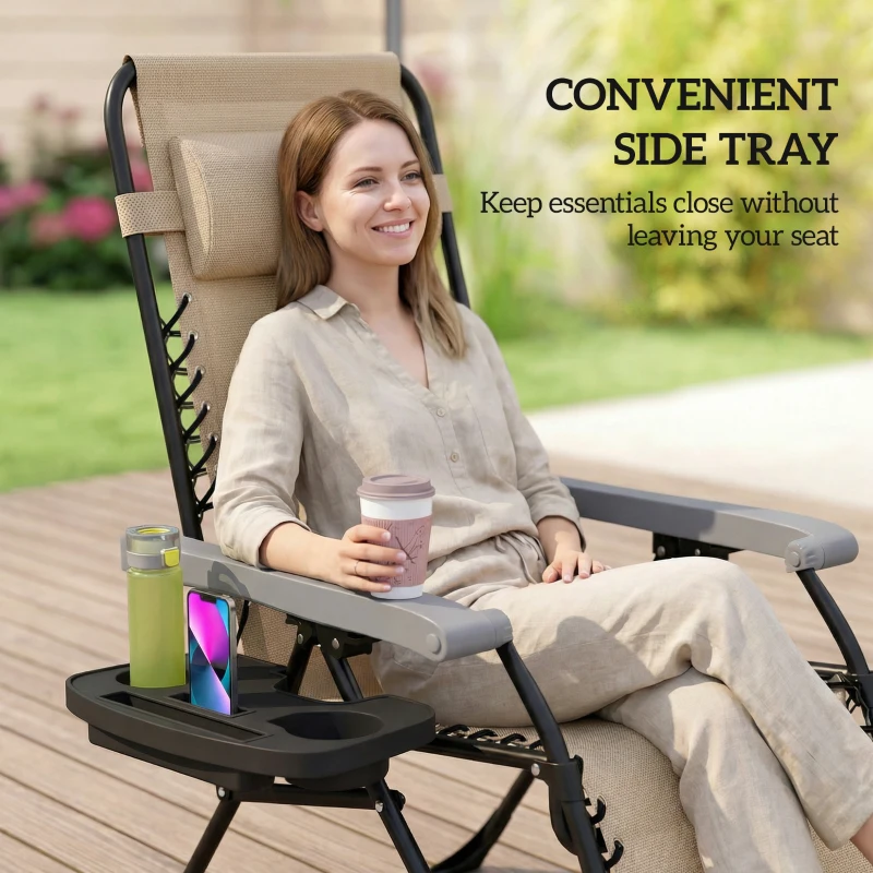 Outsunny Zero Gravity Chair Set of 2, Folding Reclining Outdoor Lounge Chair with Cup Holder, Headrest, Light Brown