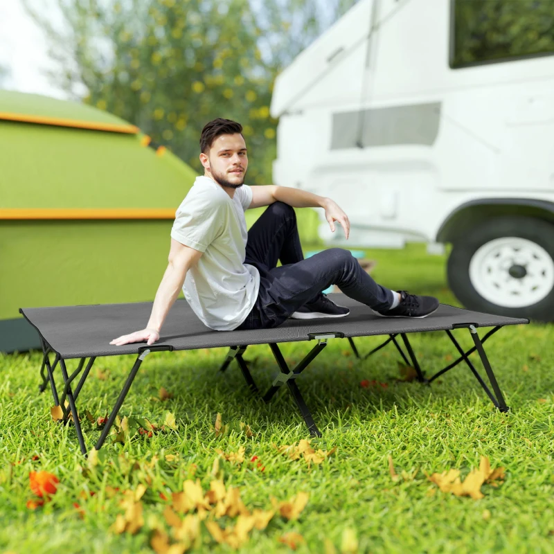 Outsunny Two Person Folding Camping Cot Outdoor Portable Double Cot with Carrying Bag 76" Dark Grey