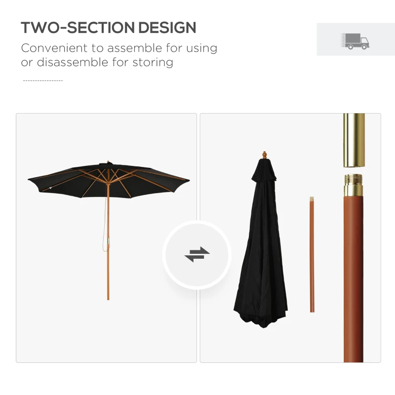 Outsunny 10' x 8' Wooden Patio Umbrella, Garden Parasol, Outdoor Sunshade Canopy with Bamboo Rib for Outdoor, Black